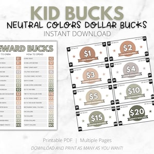 Mom Bucks/Kid Bucks | Editable Parent Reward System | Pretend Play Money | PDF Printable Neutral Color Mom Bucks | How To Earn, How to Spend