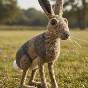 Könnte beinhalten: Handgefertigte Häschenfigur aus Häkelarbeit in Braun- und Grautönen, mit langen Ohren und einem kleinen weißen Schwanz. Das Häschen steht in einem grasbewachsenen Feld und zeigt seine detaillierte Textur. Ein bezaubernder Dekorationsartikel.