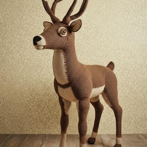 May include: A handcrafted, life-sized crochet deer sculpture. The deer features a brown and cream color scheme, with detailed antlers and a realistic pose. The sculpture is made of yarn and stands on a wooden surface.