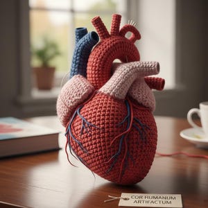 Op de afbeelding: Een gehaakt anatomisch hart in rood, roze en blauw, met gedetailleerde kenmerken. Het model staat op een houten tafel, met een label met de tekst "COR HUMANUM ARTIFACTUM". Een kopje thee en een boek zijn ook zichtbaar.