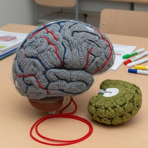 May include: A crocheted brain model with red and blue veins, displayed with a smaller green crocheted model. A red cord and colorful markers are also visible on the table. Educational and anatomical theme.