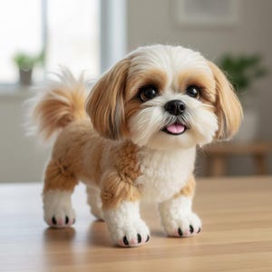 Op de afbeelding: Een pluizige Shih Tzu-hond met een witte en bruine vacht staat op een houten oppervlak. De hond heeft grote, donkere ogen en een roze tong. Zijn poten zijn wit met zwarte kussentjes. De hond heeft een pluizige staart en ziet er vriendelijk uit.