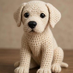 May include: A crocheted puppy dog in a sitting position. The dog is made of a light beige yarn, with black eyes and a black nose. The ears are floppy, and the paws are detailed. The background is a blurred, neutral color.