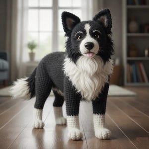 Premium Amigurumi-mönster: Realistisk Border Collie i stående fyrbent position för samlare (unge) (valp) (Avancerad nivå)