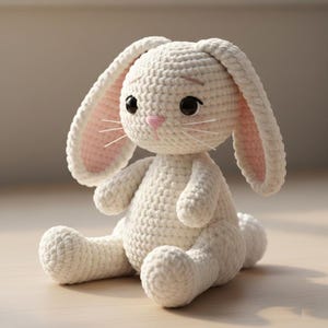 Pode incluir: Um coelhinho branco de crochê feito à mão com orelhas compridas, cujo interior é rosa claro. Possui olhos pretos, nariz rosa e bigodes brancos. O coelhinho está sentado, com as pernas estendidas. Um brinquedo macio e fofinho.