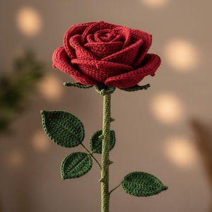 Pode incluir: Uma rosa vermelha de crochê feita à mão, com folhas e caule verdes. A rosa está em plena floração, mostrando detalhes das pétalas. O caule apresenta pequenos espinhos verdes. Um elemento decorativo floral único e feito à mão.