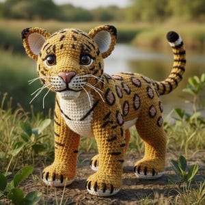 Puede incluir: Un cachorro de jaguar tejido a ganchillo con cuerpo marrón, manchas negras y cola a rayas. El peluche hecho a mano tiene hocico blanco, bigotes negros y nariz rosa. El jaguar está de pie en una zona cubierta de hierba.