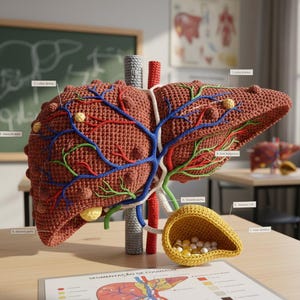 Pode incluir: Um modelo de fígado de crochê, mostrando detalhes anatômicos com fios vermelhos, azuis e verdes representando vasos sanguíneos. Uma vesícula biliar de crochê amarela também está presente. O modelo está em uma mesa com um diagrama.