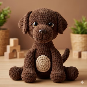 Könnte beinhalten: Ein handgefertigter brauner Häkelwelpe mit einem beigefarbenen Bauchfleck. Das Plüschtier hat große, ausdrucksstarke Augen und Schlappohren. Der Hund sitzt auf einer Holzoberfläche mit neutralem Hintergrund. Ein bezauberndes und kuscheliges Stofftier.