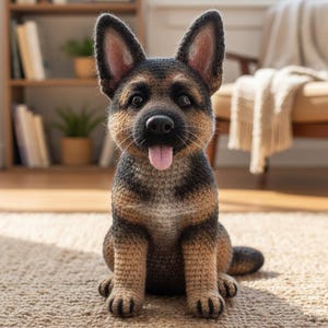 Può includere: Una statuina all'uncinetto di un cane pastore tedesco. Il cane è seduto con la lingua di fuori, mostrando un design dettagliato con filato marrone, nero e beige. Le orecchie del cane sono dritte e ha un aspetto realistico.