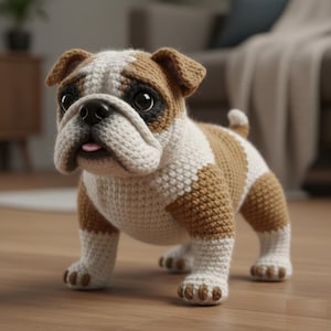 Pode incluir: Estatueta de bulldog de crochê em marrom e branco. O cão tem um nariz preto, olhos pretos e uma língua rosa. A estatueta está em uma superfície de madeira.