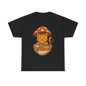 Cute Cat and Mushroom Tee, Kawaii Shirt, Fun Apparel, Gift for Cat Lovers, Foodie Fashion, Cute Pet Lover Top