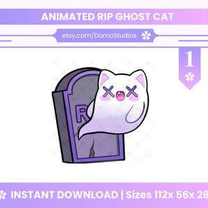 May include: Animated digital sticker of a white ghost cat with a pink nose and pink cheeks. The ghost cat has a tombstone behind it with the letter "R" on it. The ghost cat has an "X" for eyes and a pink mouth. The text "ANIMATED RIP GHOST CAT" is at the top of the image. The text "etsy.com/DomoStudios" is below the title. The text "INSTANT DOWNLOAD | Sizes 112x 56x 28x" is at the bottom of the image.