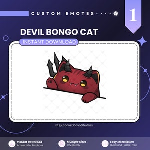 Pode incluir: Um gato de desenho animado vermelho com chifres de diabo e um tridente, espiando por cima de uma superfície branca. O gato tem uma expressão travessa e está etiquetado como "Devil Bongo Cat".