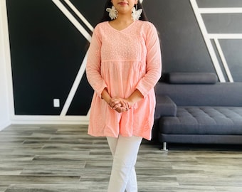 Handmade Pink Cotton Chikankari Kurti - Indian Women's Tunic