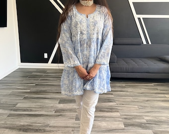 Hand Embroidered Chikankari Cotton Kurti - Lucknowi Indian Dress