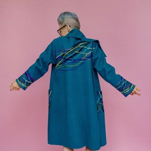 Women's Silk Embroidered Coat Blue Orange Teal Raw 