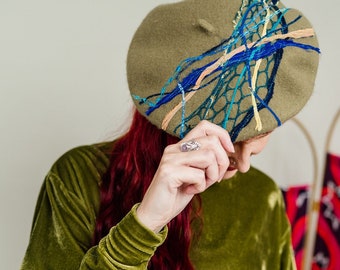 Embellished Beret in Olive Green