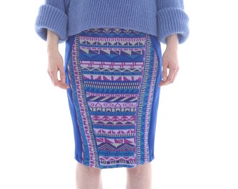 Fair Isle Pencil Skirt in Blue, Purple and Lilac Geometric Pattern