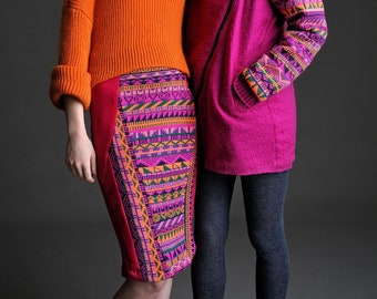 Fair Isle Pencil Skirt in Pink, Orange, and Purple Geometric Pattern