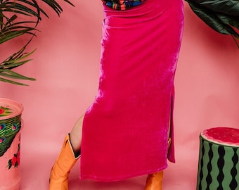 Maxi Velvet Side Split Skirt in Bright Pink