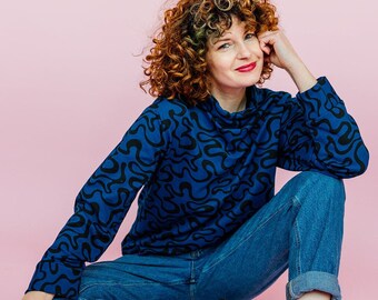 Funnel Neck Pullover in Blue Squiggle Print