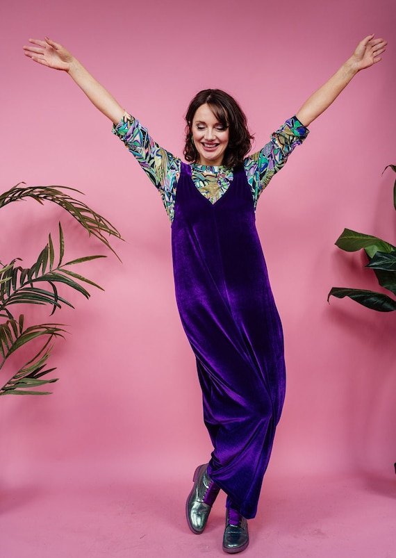 Velvet Dungaree Jumpsuit in Purple - Etsy