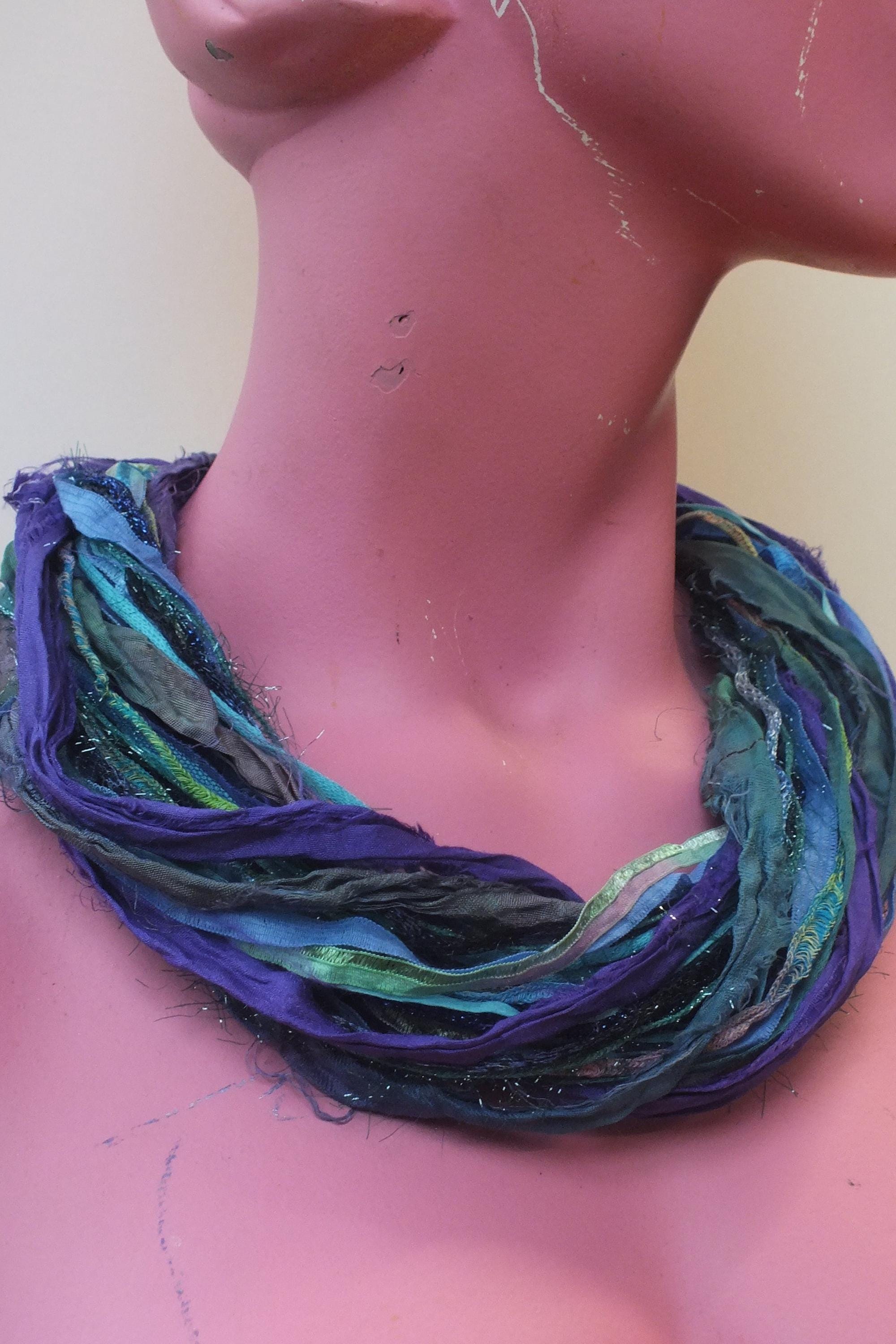 Silk Yarn Necklace in Turquoise & Purple