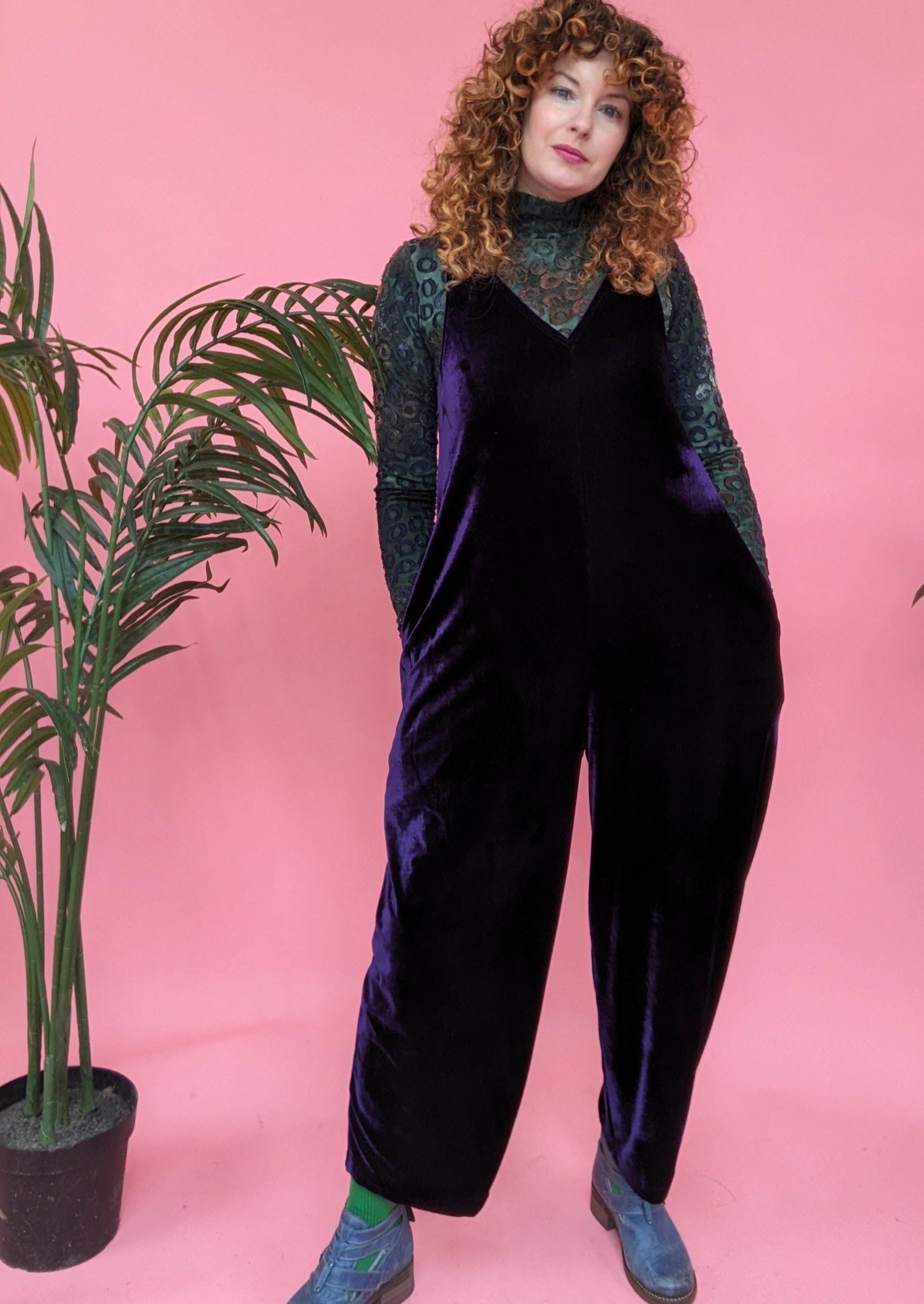 Velvet Dungaree Jumpsuit in Burgundy