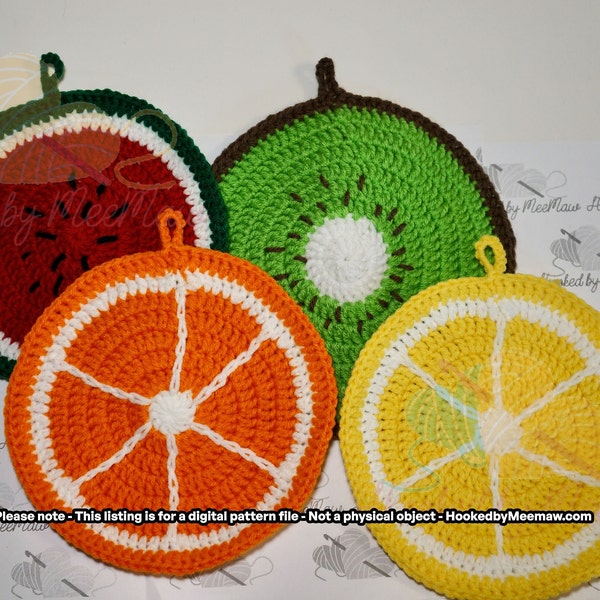 Summer Fruit Slice Pot Holder Easy Beginner Crochet Pattern - Great Gift, Craft show item, fun kitchen home decor project.