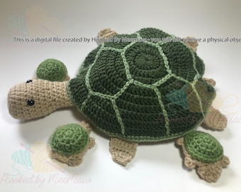 May include: Crocheted turtle amigurumi toy with a green shell, beige body, and four legs. The turtle has a small, round head with black eyes and a beige snout.