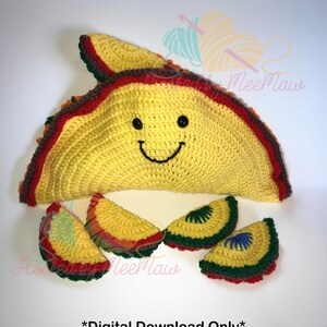 May include: A crocheted taco pillow with a smiling face and four smaller crocheted taco pillows. The taco pillows are yellow with brown, red, and green accents. The text "*Digital Download Only*" and "Copyright Hooked by Meemaw 2023" is visible in the image.