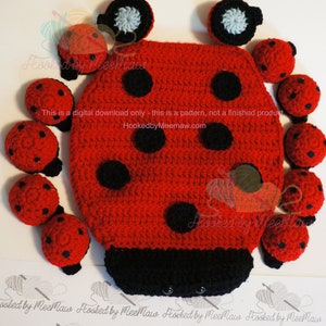 May include: Crochet pattern for a ladybug costume. The pattern includes a red and black ladybug body, black spots, and a pair of black eyes. The pattern also includes a set of smaller ladybug ornaments.