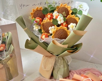 Personalized Handmade Crochet Flower Bouquet - Sunflower Bouquet, Hand-Knitted Flowers, Anniversary Gift, Father's Day Gift, Crochet Rose