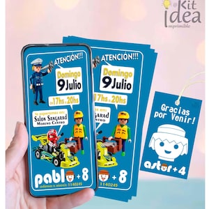 May include: A blue invitation card with the text "ATENCION!!! Domingo 9 Julio" and a Playmobil figure. The card also includes the text "Salon Sangarad Moreno Centro" and "Pablo +8". A small tag reads "Gracias por Venir!"
