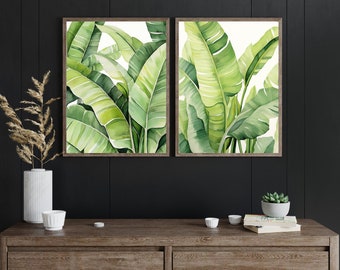 Banana Palm Watercolor Print Set, Tropical Greenery Wall Decor (Downloadable Prints)