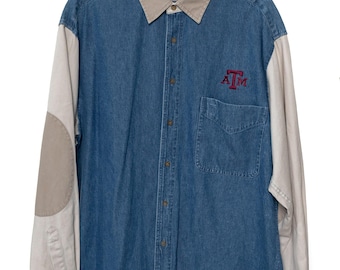 Vintage 90s Texas A&M Colorblock Denim Button Down Shirt, Elbow Patches, Size L