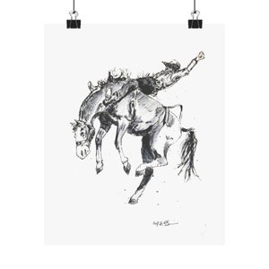 Bronc Rider wall art drawing of rodeo cowboy ink drawing