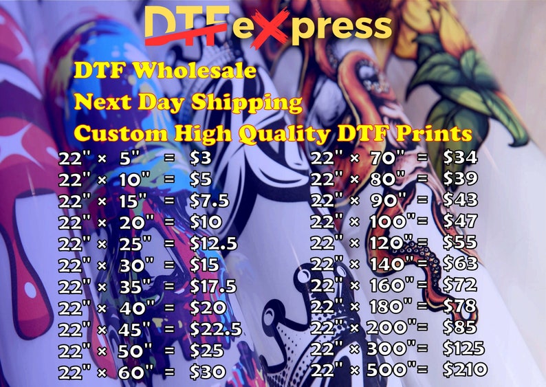 May include: A price chart for custom DTF prints, showing the cost of different sizes in inches. The chart is printed on a white background with colorful designs in the background.