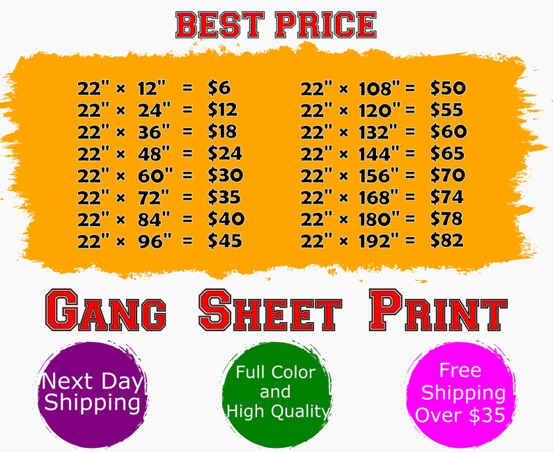 K&ouml;nnte beinhalten: Eine gelbe Preistabelle mit einer Liste von Gr&ouml;&szlig;en und Preisen f&uuml;r Gang-Blatt-Drucke. Die Tabelle ist mit "BEST PRICE" betitelt. Die Gr&ouml;&szlig;en sind in Zoll angegeben, die Preise in Dollar. Die Tabelle enth&auml;lt auch Informationen &uuml;ber den Versand am n&auml;chsten Tag, den Druck in Vollfarbe und in hoher Qualit&auml;t sowie kostenlosen Versand ab 35 Dollar.