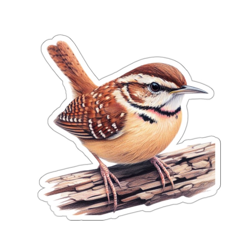Carolina Wren profile vinyl sticker displayed with a solid white border. The sticker is shown alone against a neutral background.
 with a white border