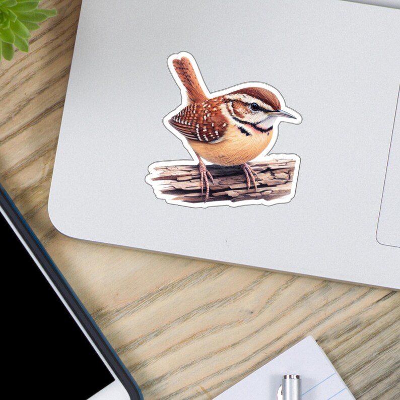 May include: A die-cut sticker featuring a Carolina wren perched on a textured piece of wood. The bird has brown and white patterned feathers, a dark eye stripe, and a light-colored breast. The sticker has a white border and a matte finish.
