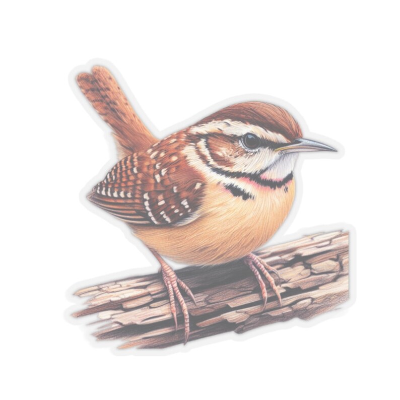 Carolina Wren profile vinyl sticker displayed with a transparent border. The sticker is centered against a plain background.