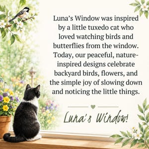 Puede incluir: Un gato tuxedo blanco y negro sentado en un alf&eacute;izar de madera mirando hacia un jard&iacute;n. El texto dice: Luna's Window was inspired by a little tuxedo cat who loved watching birds and butterflies from the window. Luna's Window!
