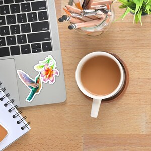 Vibrant Hummingbird with Flower Sticker: Charming Colored Pencil Artwork