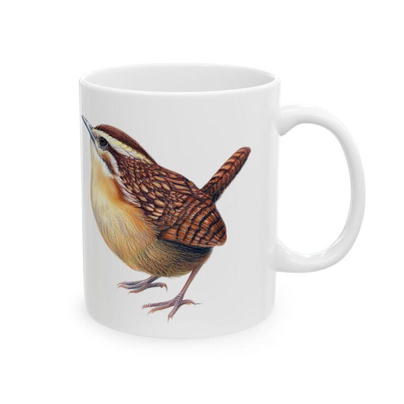 11 oz Ceramic Coffee Mug with a bird design of a Carolina wren illustration on the side