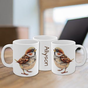 Sparrow 11 oz Coffee Cup, Personalized Bird Lover Gift