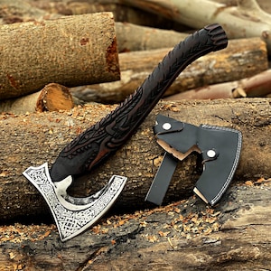 Custom RAGNAR Viking Axe With Leather Sheath | 20 Inches Hand Forged Carbon Steel Camping Axe for Him | Rose Wood Handle Axe For Wall Decor