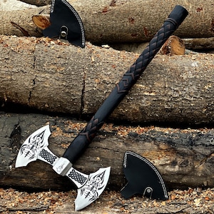 Hand-Forged Viking Battle Axe – Custom Carbon Steel Axe with Engraved Blades & Ash Wood Handle