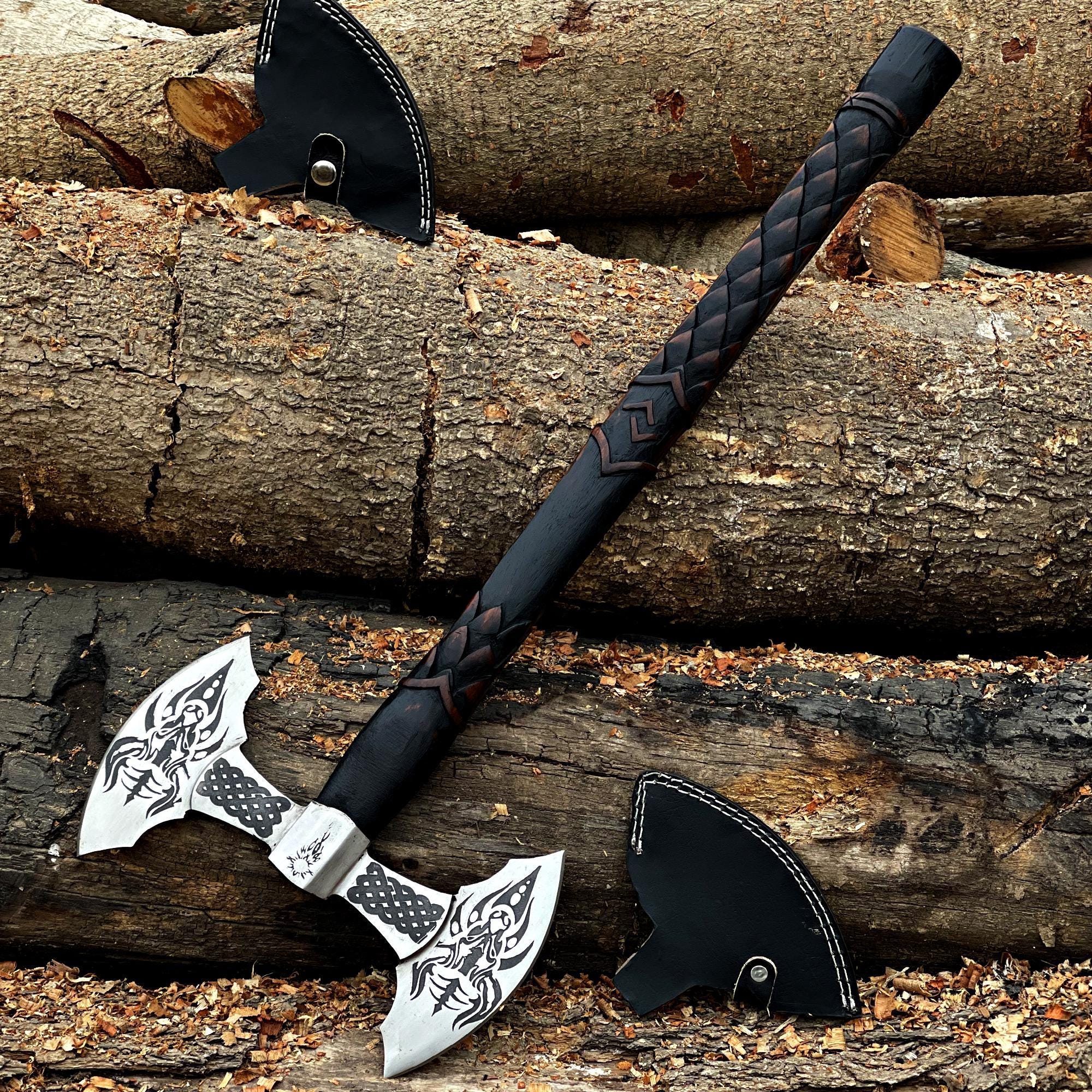 Hand-Forged Viking Battle Axe - Custom Carbon Steel Axe with Engraved Blades & Ash Wood Handle